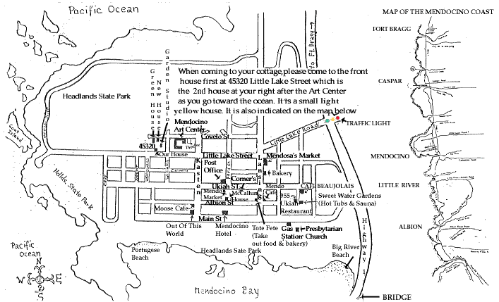 Map of Mendocino and location of Cottages